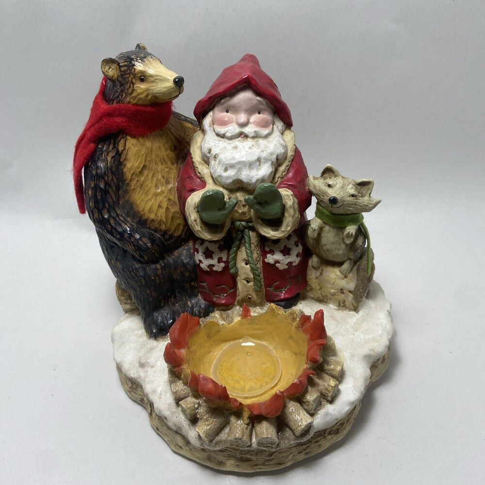 Seasons of Cannon Falls Vintage Santa Bear and Raccoon Candle Holder Damaged
